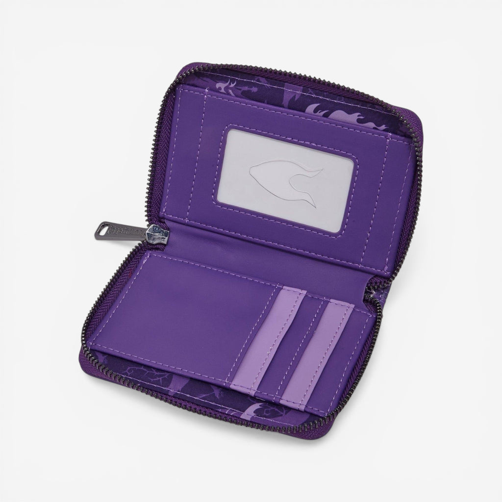 Once Upon Magic Loungefly Disney Sleeping Beauty Maleficent wallet, purple faux leather with printed thorns and card slots.