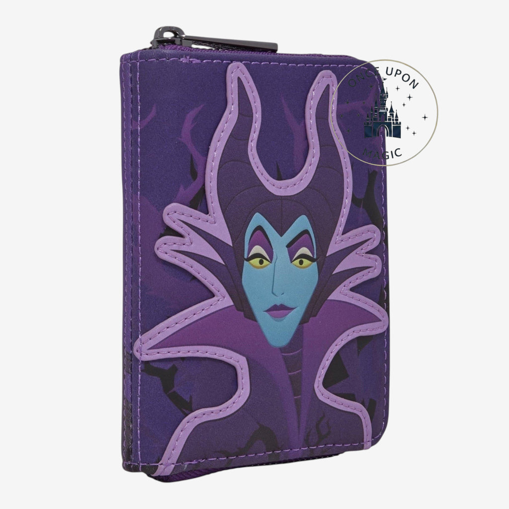 Once Upon Magic Loungefly Disney Sleeping Beauty Maleficent wallet with applique and purple thorn print.