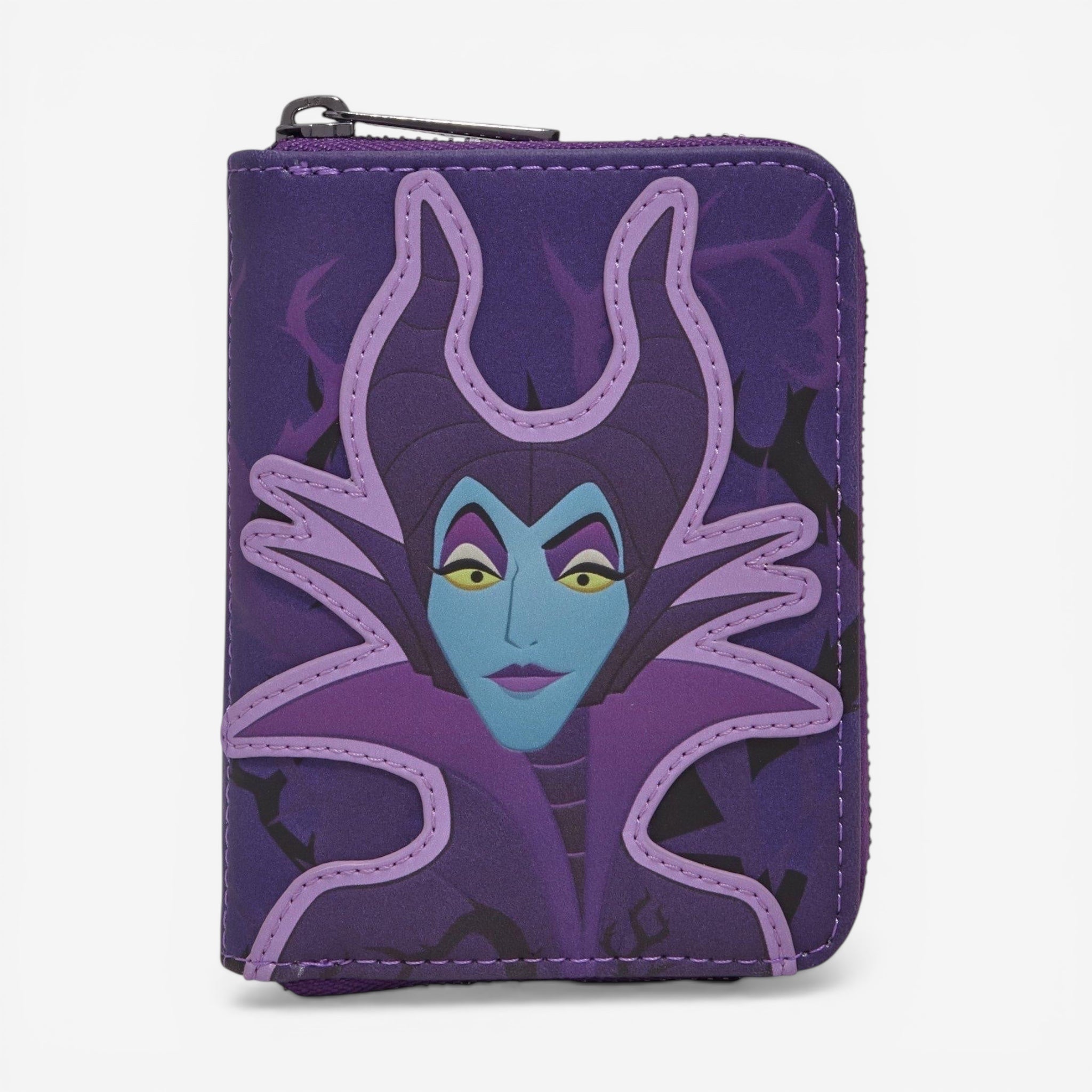 Once Upon Magic Loungefly Disney Sleeping Beauty Maleficent wallet. Purple polyurethane wallet with Maleficent applique and thorn print.