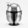 Once Upon Magic Mandalorian Beskar helmet replica with a polished metallic silver finish and black visor.