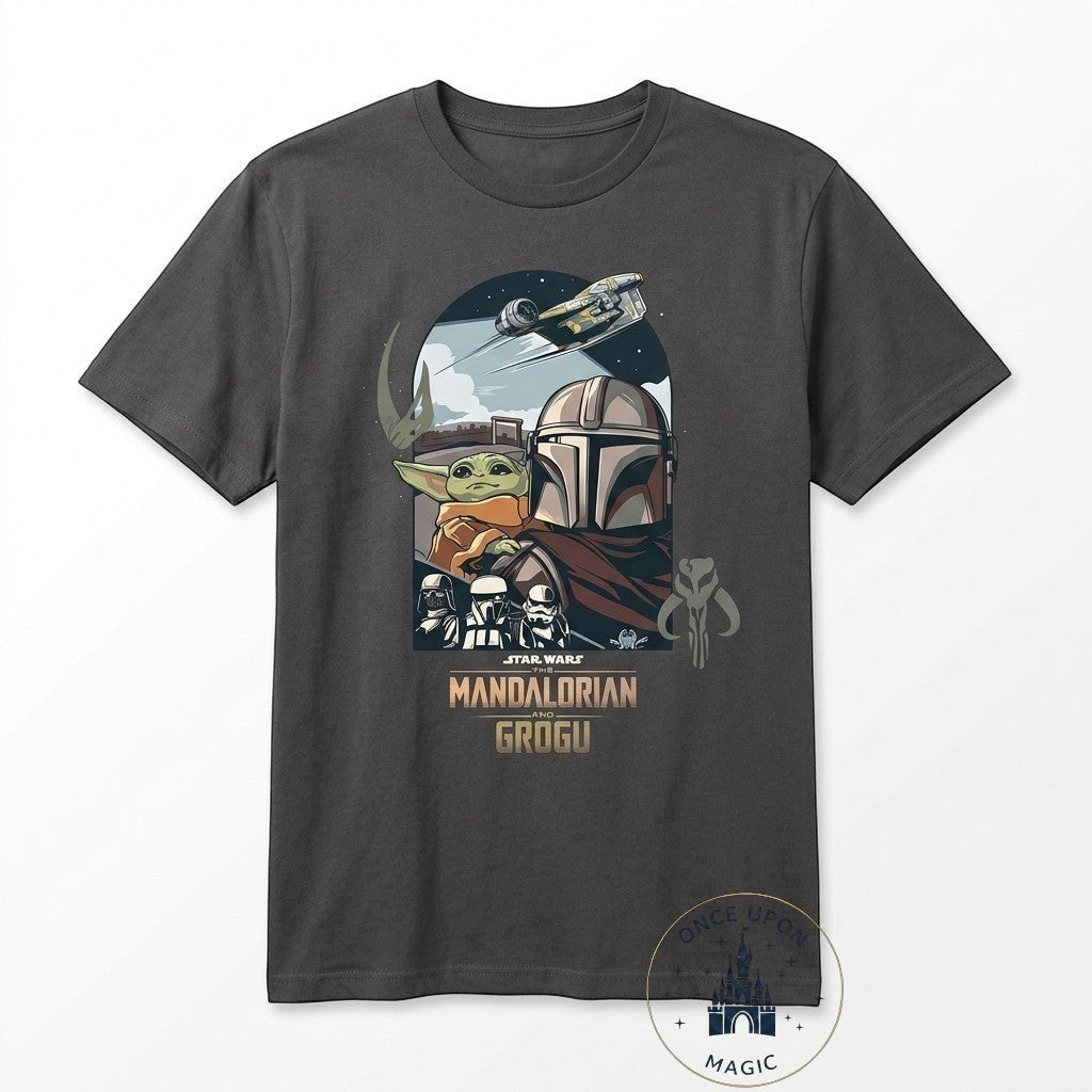 Once Upon Magic dark grey cotton t-shirt featuring The Mandalorian, Grogu, and the Razor Crest graphic. Classic fit, short sleeves.