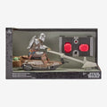 Once Upon Magic Star Wars Mandalorian Speeder Bike with Grogu remote control toy. Features Mandalorian figure driving, Grogu in basket, and red button remote.