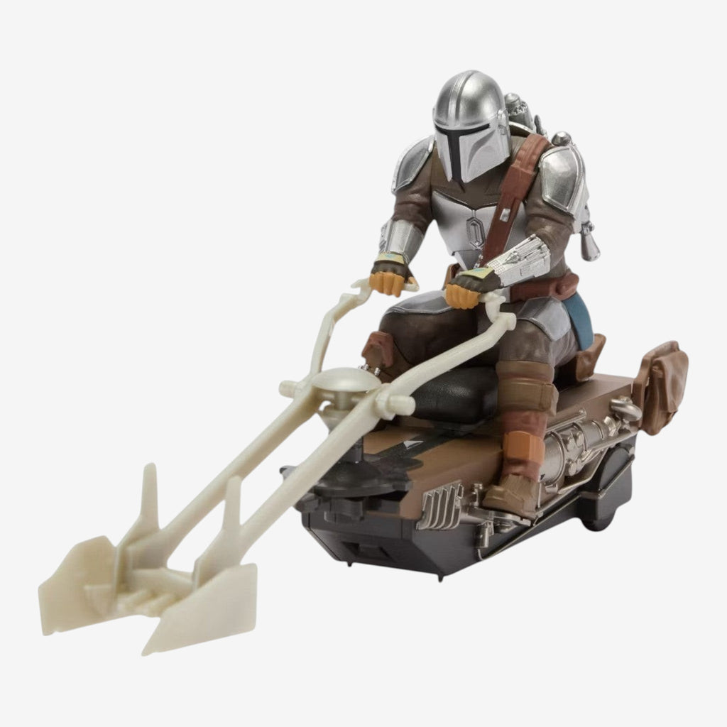 Once Upon Magic Mandalorian Speeder Bike toy with Grogu figure, detailed replica with silver helmet and brown armor.