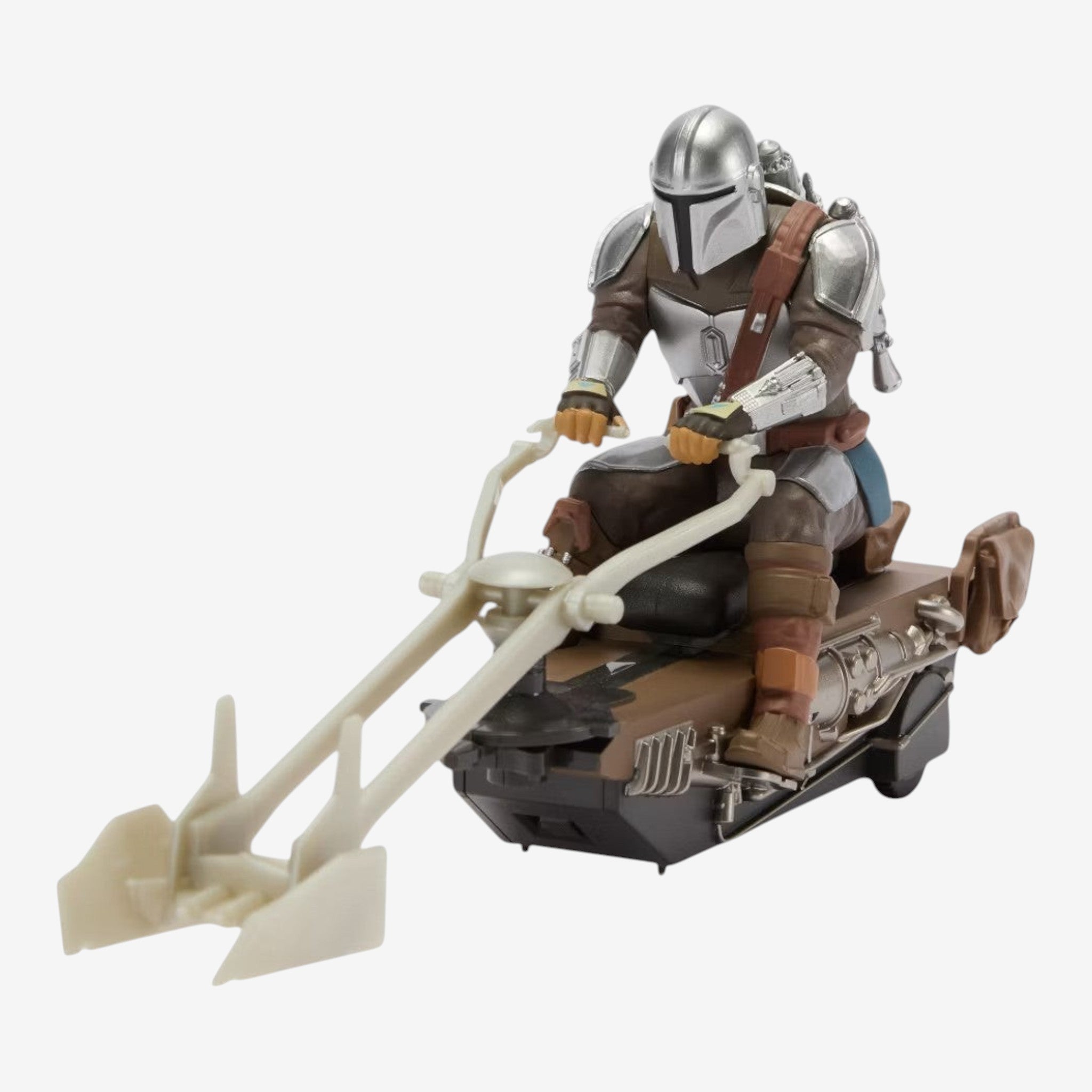 Once Upon Magic Mandalorian Speeder Bike toy with Grogu figure, detailed replica with silver helmet and brown armor.