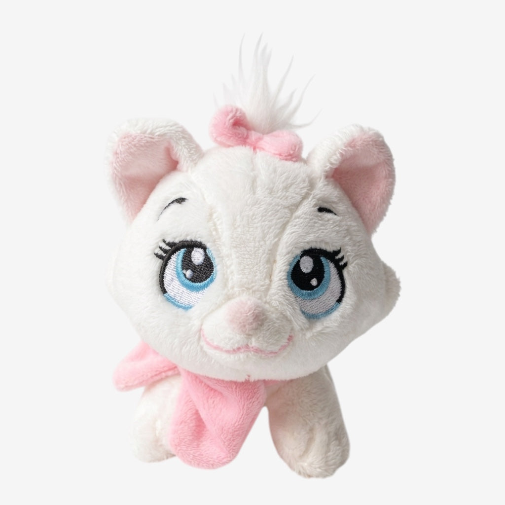 Once Upon Magic white plush Marie cat from The Aristocats with pink bow and scarf, blue embroidered eyes.