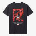 Once Upon Magic black 100% cotton t-shirt featuring a graphic print of Avengers silhouettes in red and black, inspired by Disney's Hotel New York - The Art of Marvel.
