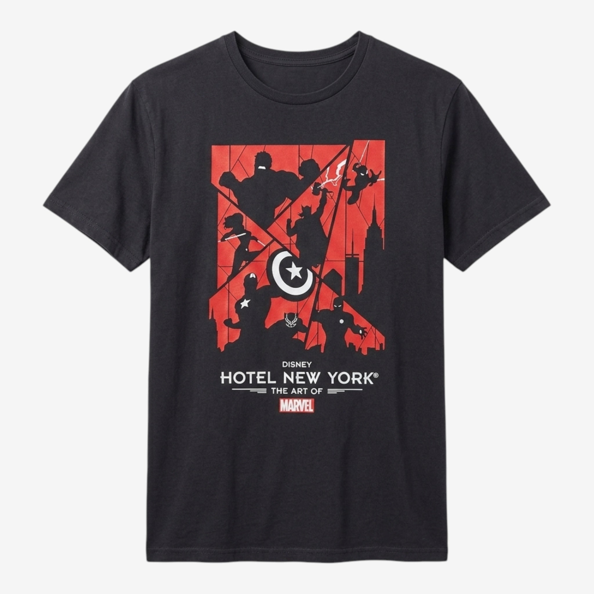 Once Upon Magic black 100% cotton t-shirt featuring a graphic print of Avengers silhouettes in red and black, inspired by Disney's Hotel New York - The Art of Marvel.