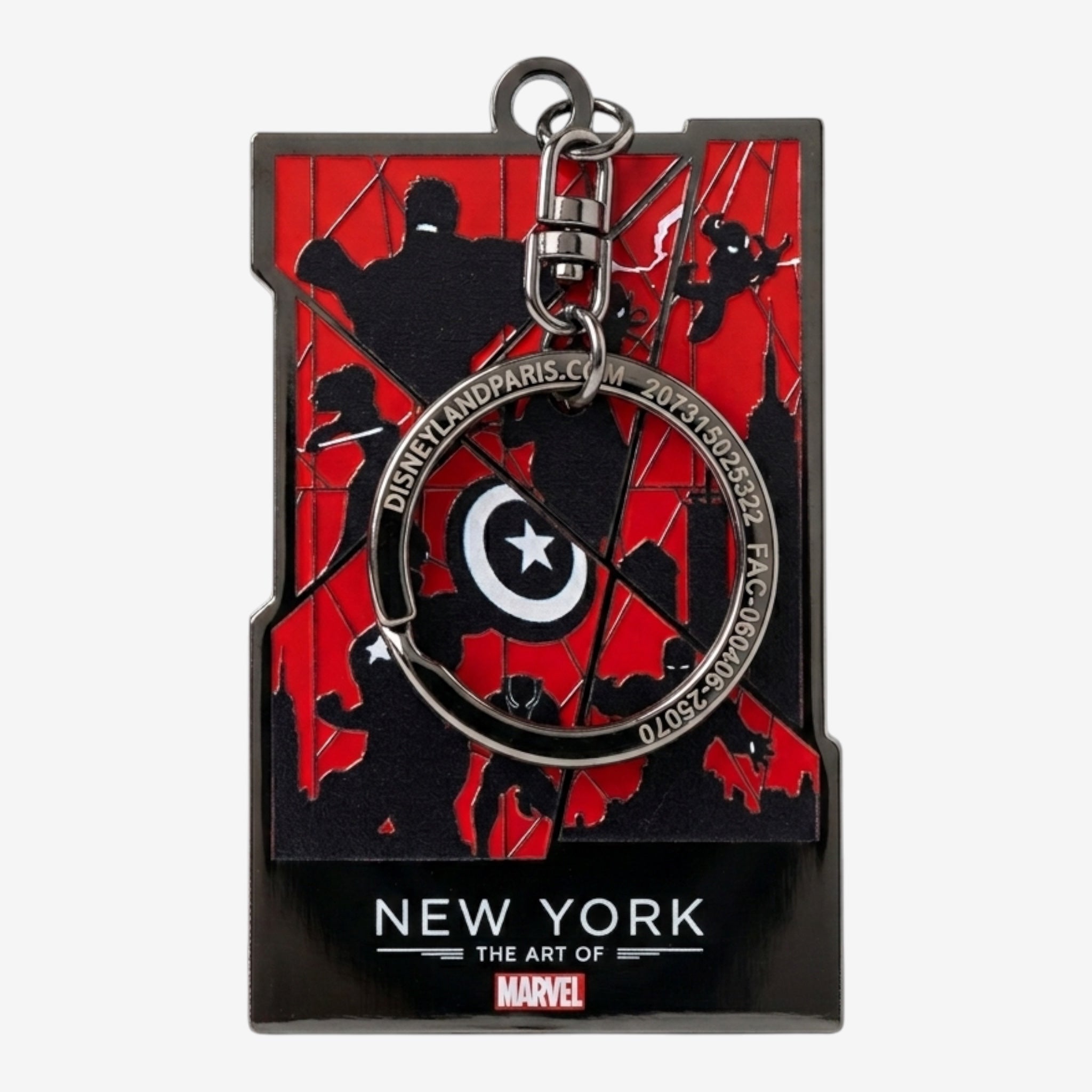 Once Upon Magic Marvel Avengers New York Art metal keychain with red and black design, Captain America shield, and Manhattan skyline.
