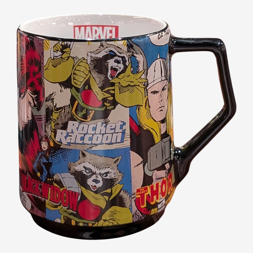 Once Upon Magic Marvel Comics mug with vintage comic art of Rocket Raccoon, Thor, and Black Widow. Black handle and rim.