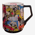 Once Upon Magic Marvel Comics mug with vintage comic art of Rocket Raccoon, Thor, and Black Widow. Black handle and rim.