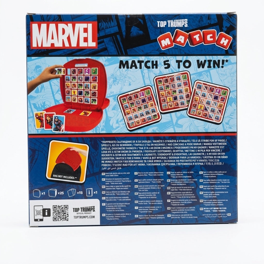 Once Upon Magic Marvel Top Trumps Match 5 to Win game box featuring iconic heroes like Iron Man and Captain America.