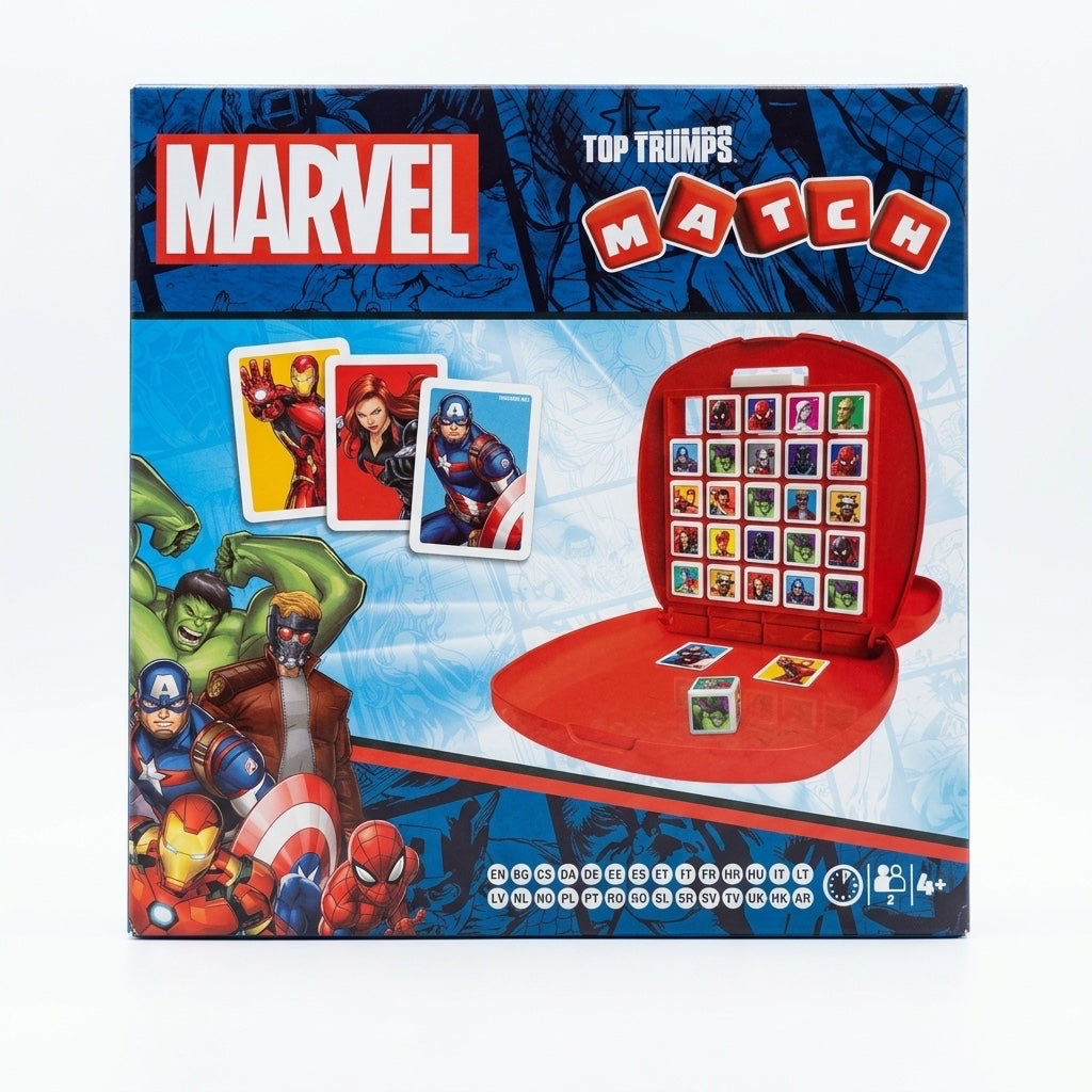Once Upon Magic Marvel Top Trumps Match game box featuring Iron Man, Captain America, Hulk, Spider-Man, and Black Widow.