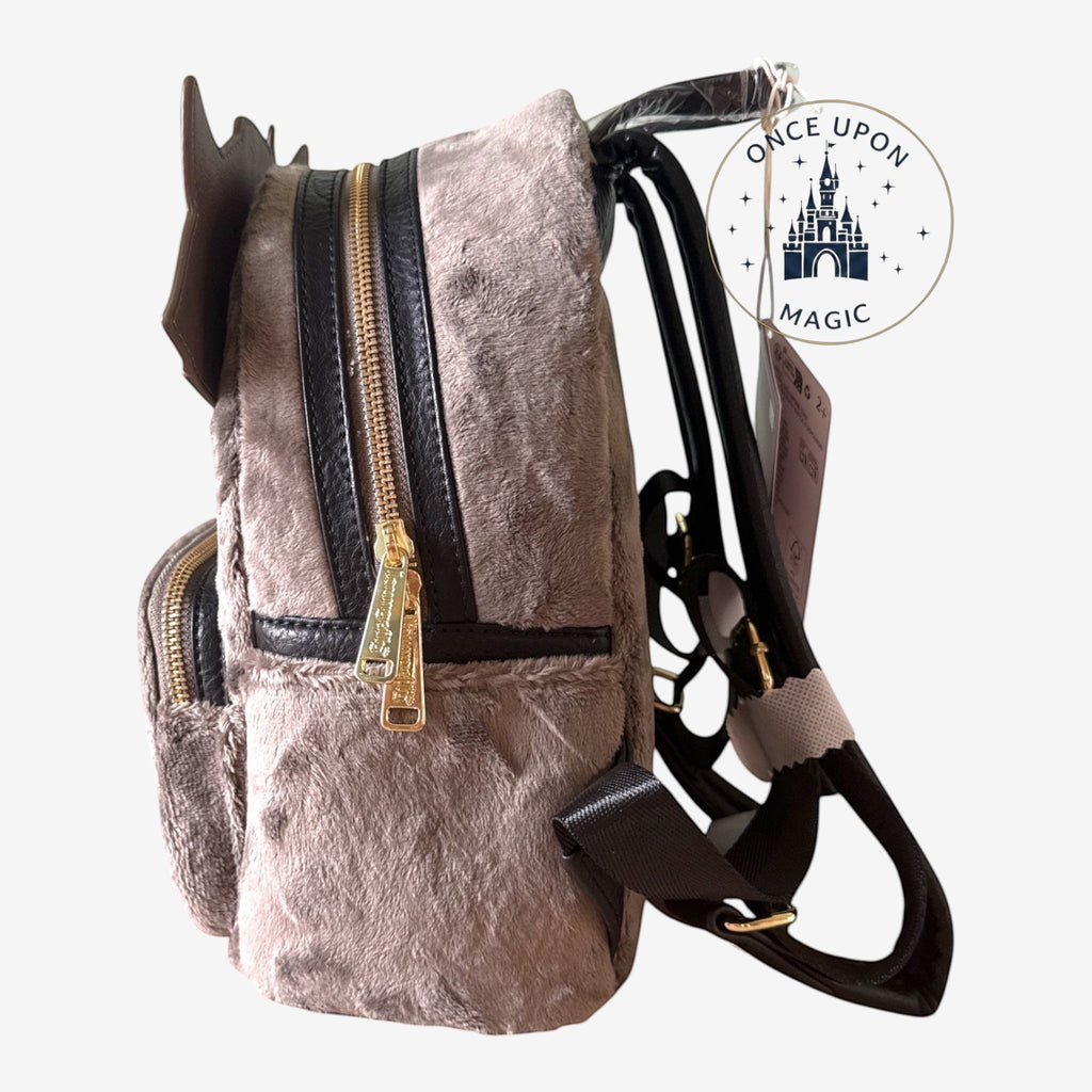 Once Upon Magic grey plush mini backpack with faux leather trim and gold zippers, inspired by Meeko.