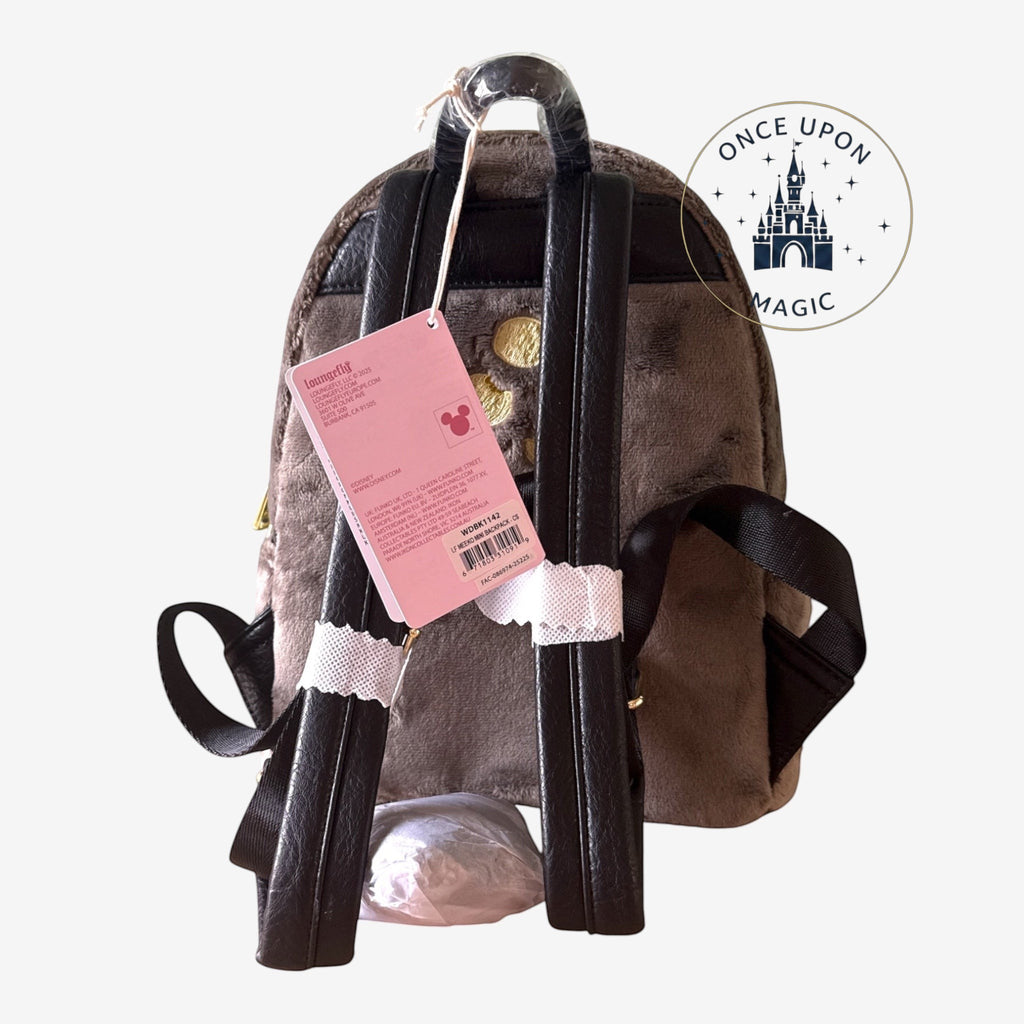 Once Upon Magic Loungefly Meeko plush mini backpack in soft brown with black faux leather straps and gold accents.