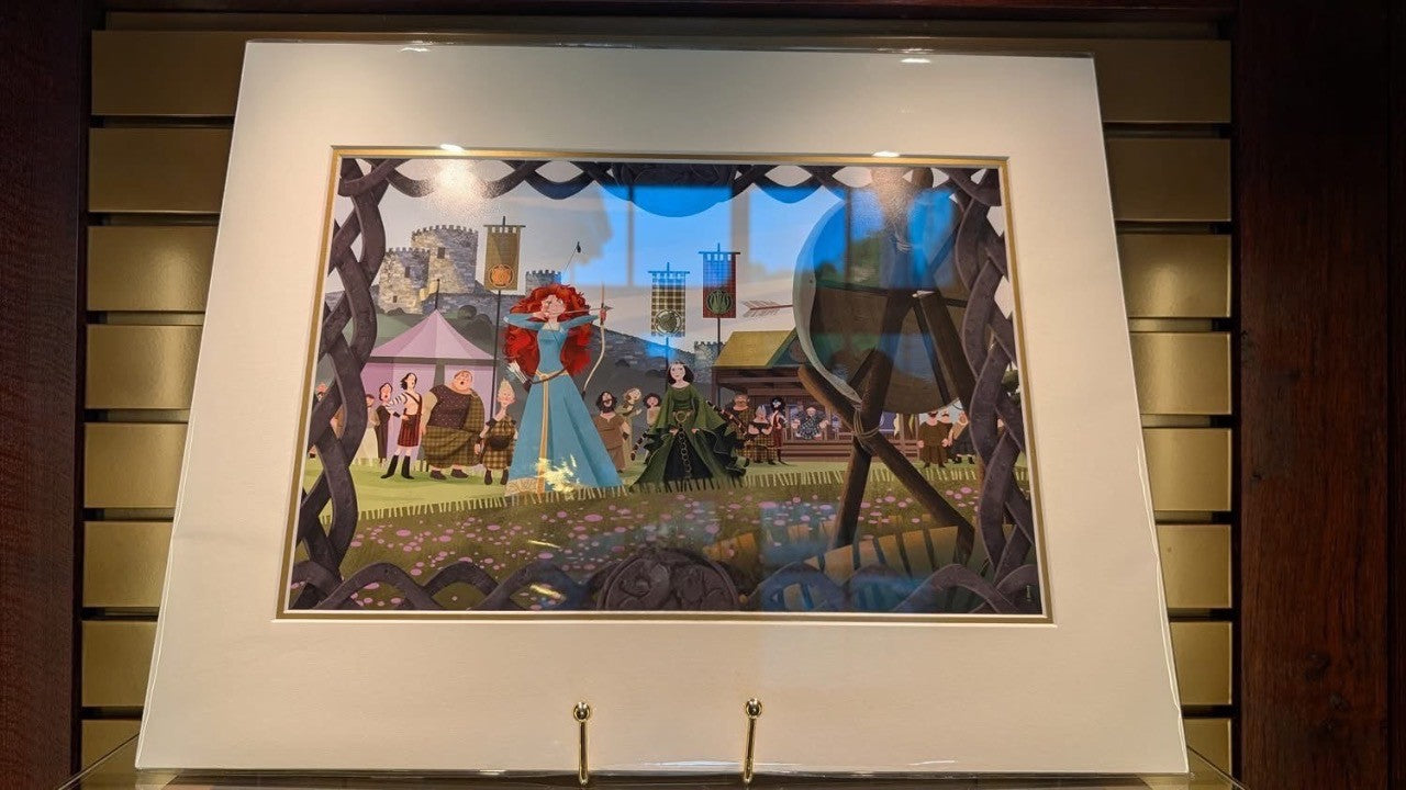 Once Upon Magic lithograph of Disney's Brave princess Merida with bow and arrow, set in Scottish Highlands with clans and castle.