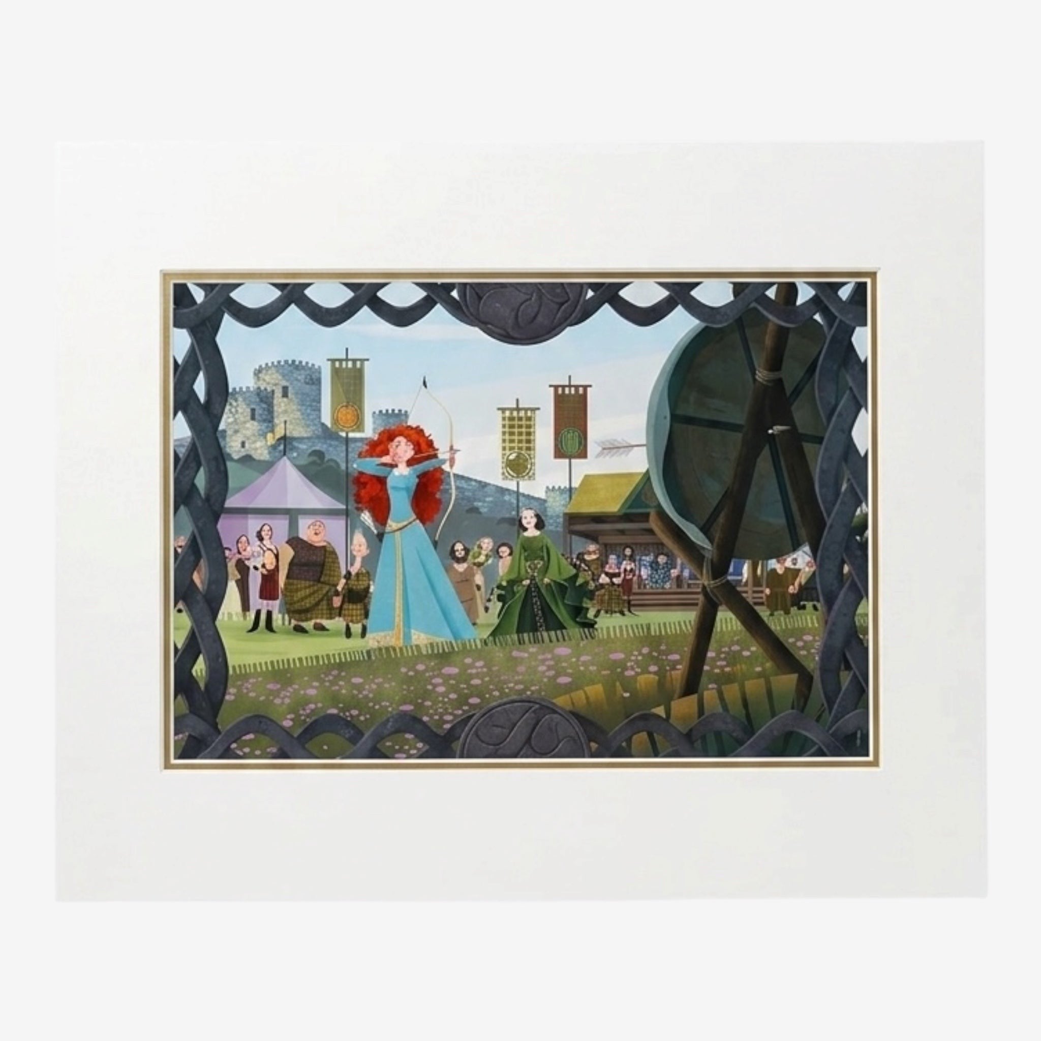 Once Upon Magic exclusive lithograph of Disney's Merida from Brave, drawing her bow at the Highland Games. Features colourful tents, banners, and a castle.