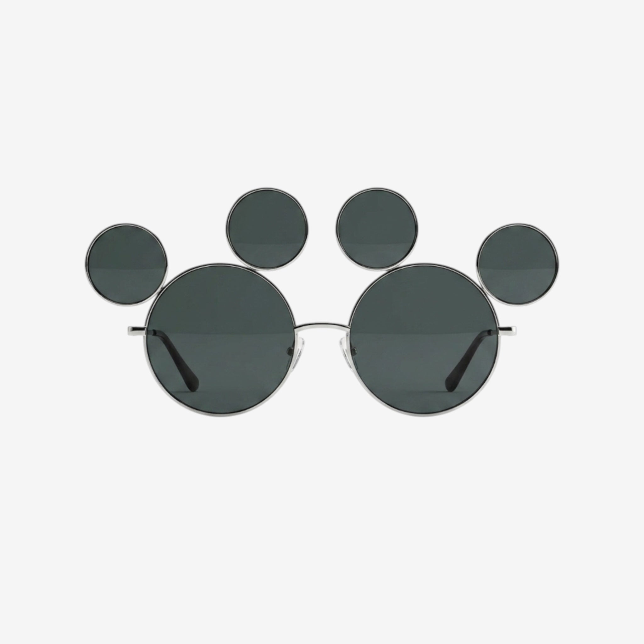 Once Upon Magic Mickey Mouse inspired round sunglasses with dark brown lenses and integrated ears design. Metallic frame.