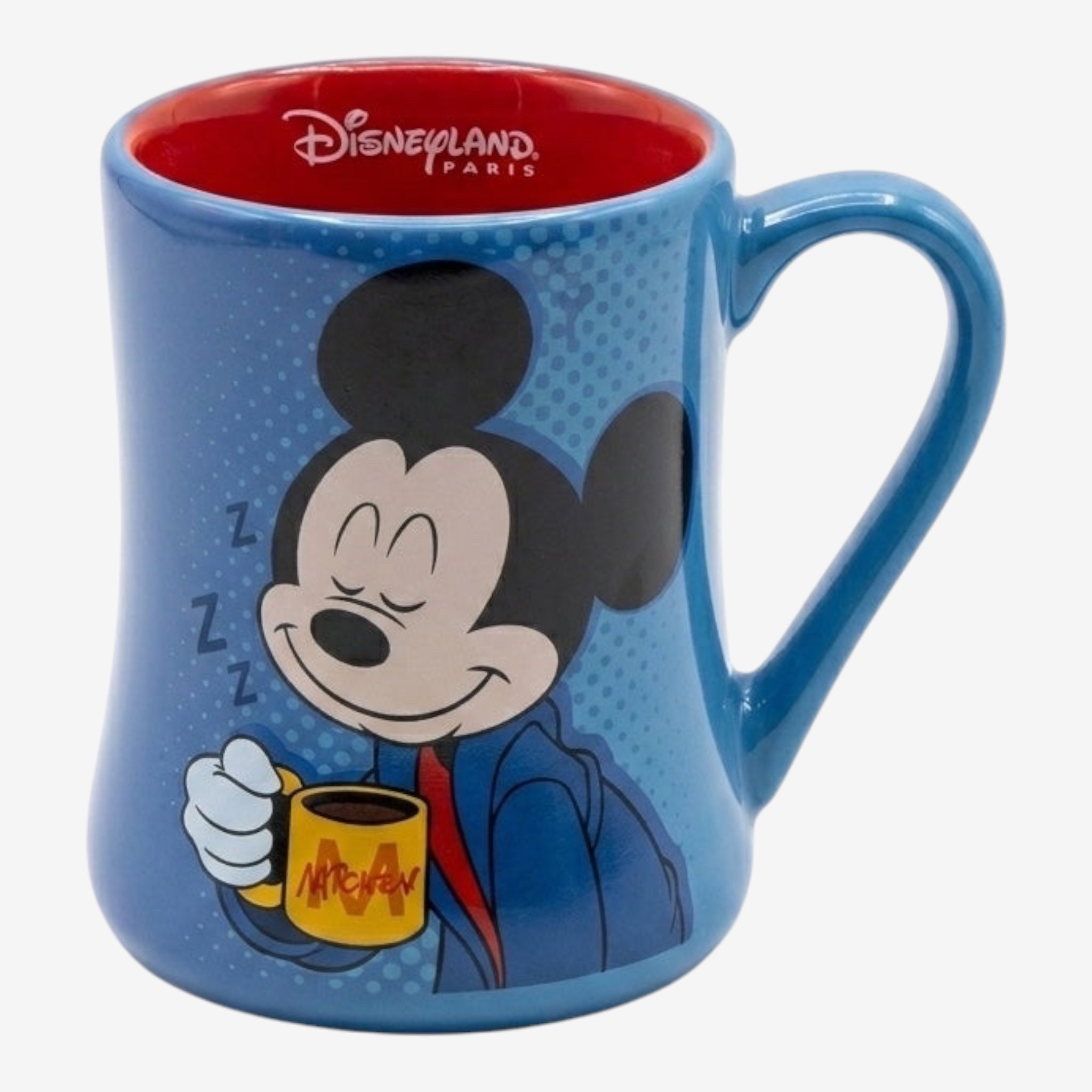 Once Upon Magic blue ceramic mug with Mickey Mouse holding a coffee cup, Disneyland Paris logo inside.