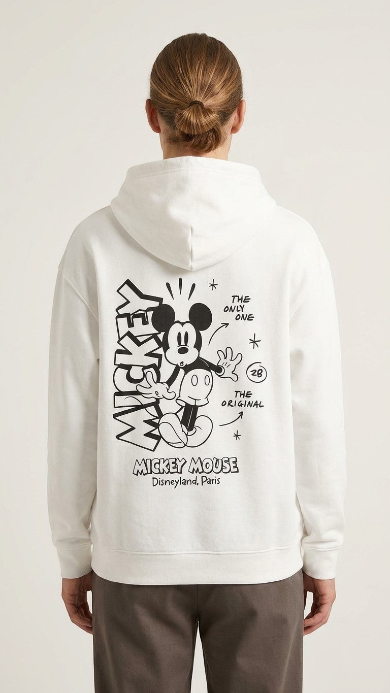 Once Upon Magic cream hoodie with a large retro Mickey Mouse graphic and "Disneyland Paris" text on the back.