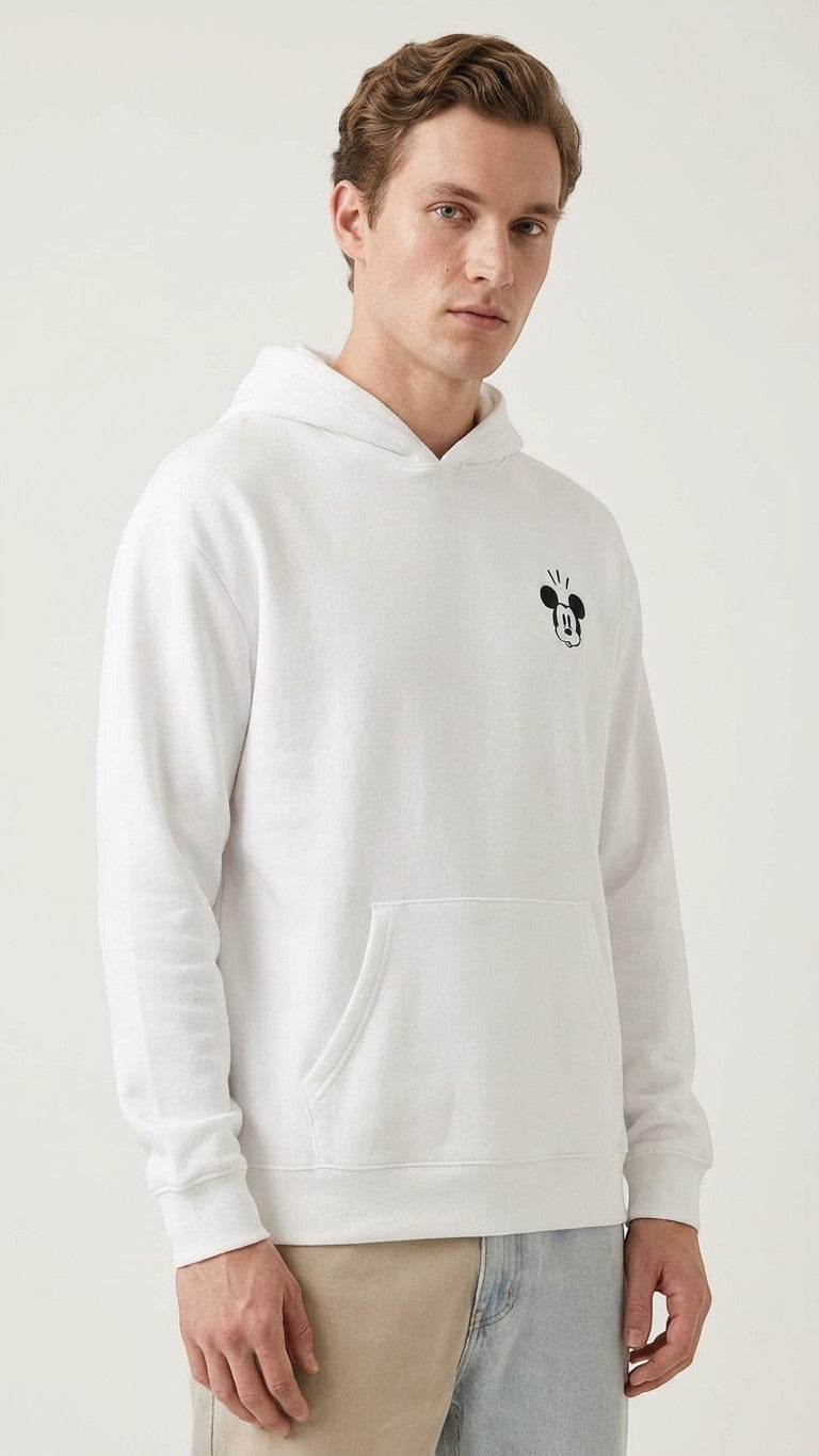 Once Upon Magic cream hoodie with a small Mickey Mouse graphic on the chest and large graphic on back with text.