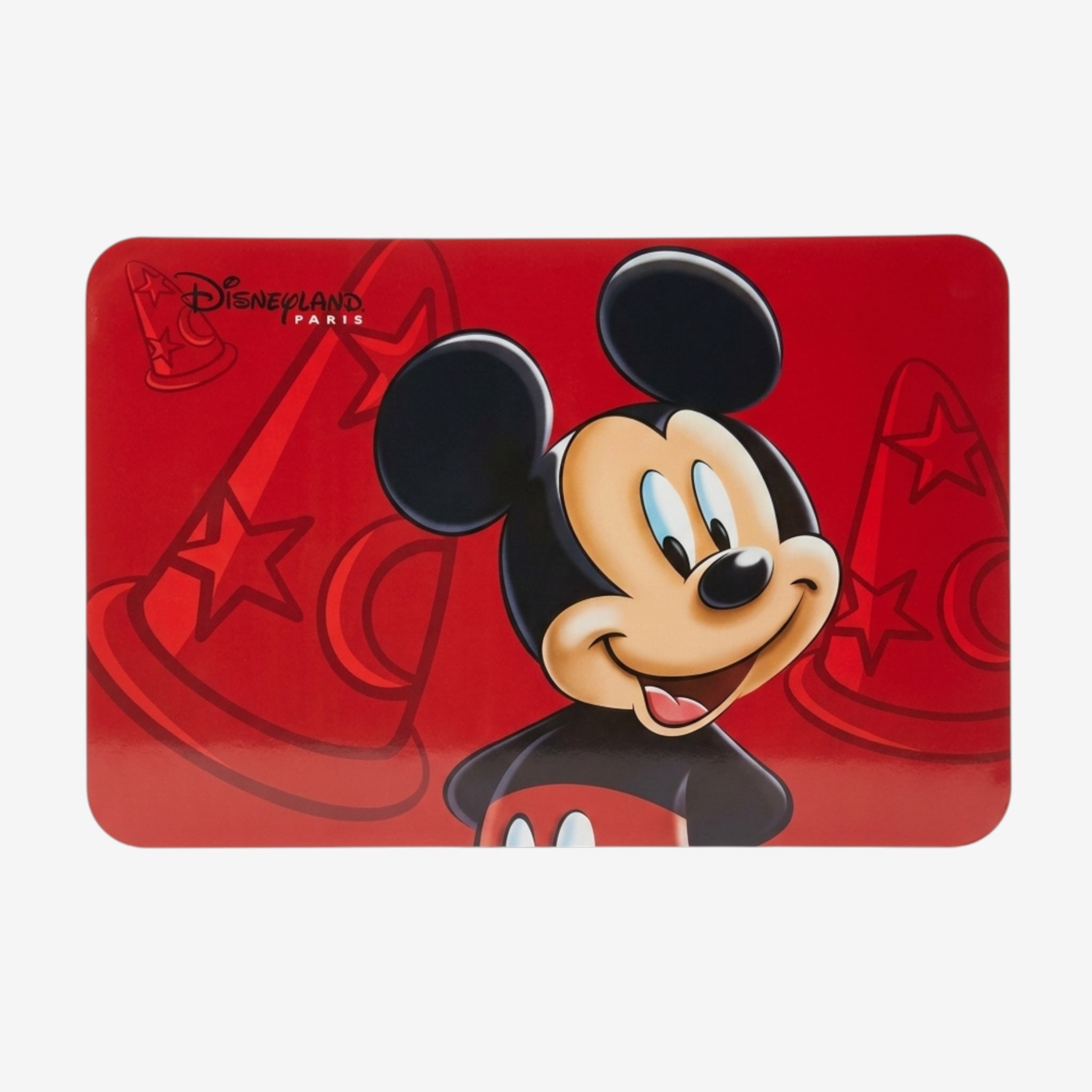 Once Upon Magic red plastic placemat featuring Mickey Mouse in a Fantasia wizard hat design. Disneyland Paris logo.