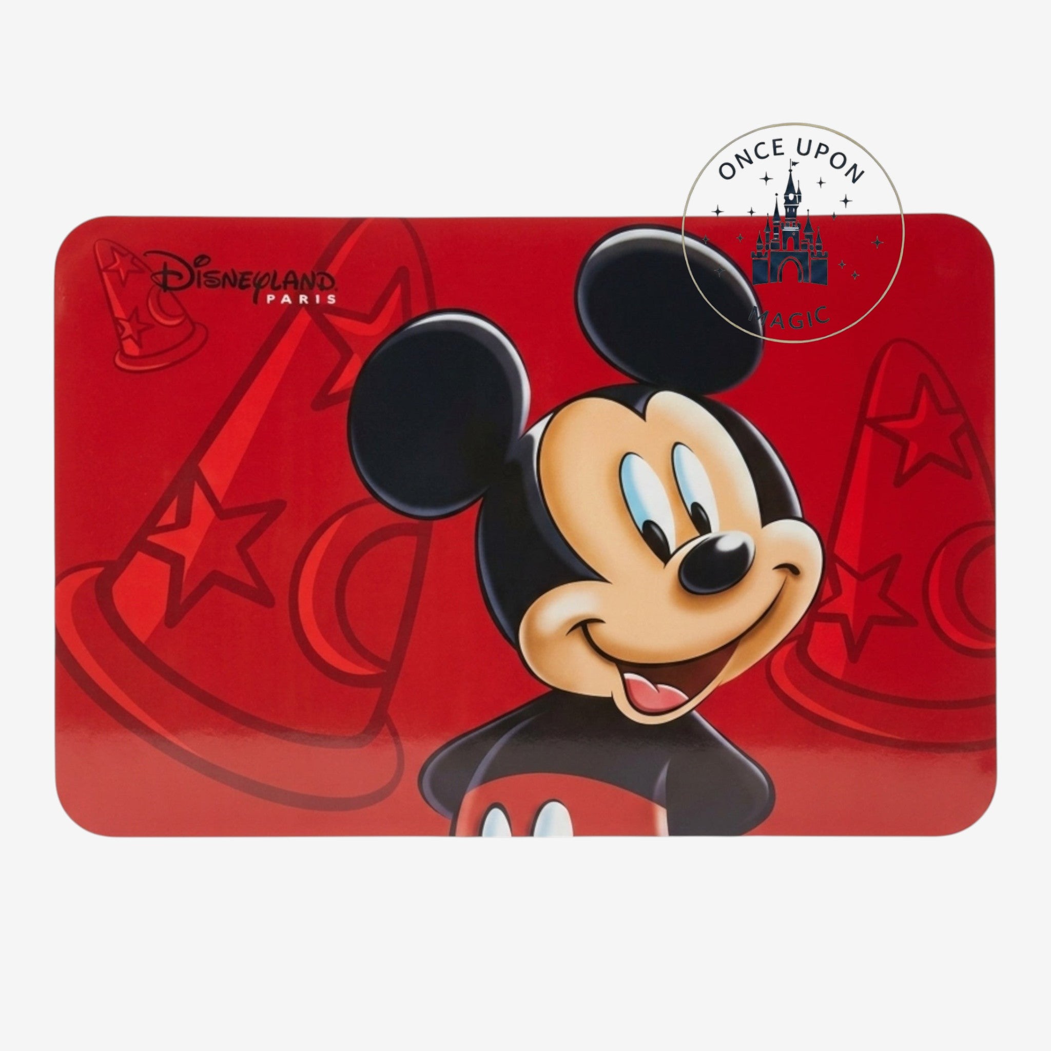 Once Upon Magic red plastic placemat featuring Mickey Mouse in a Fantasia wizard hat design. Disneyland Paris logo.