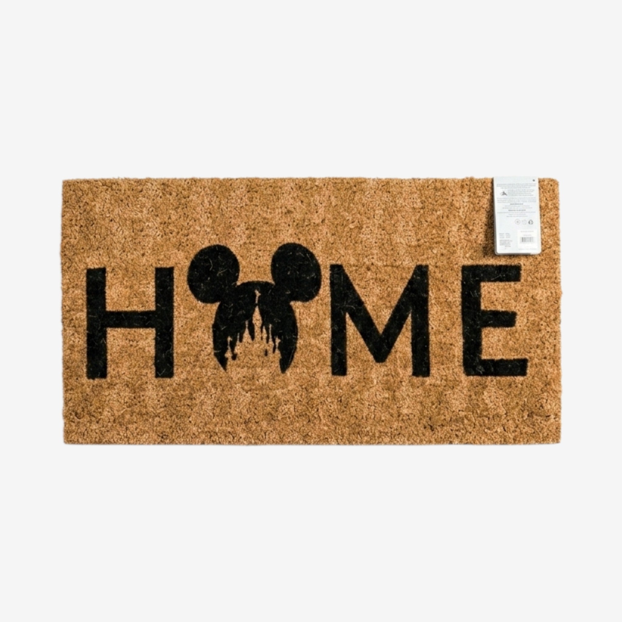 Once Upon Magic natural coir doormat with black Mickey Mouse ears replacing the 'O' in 'HOME'.