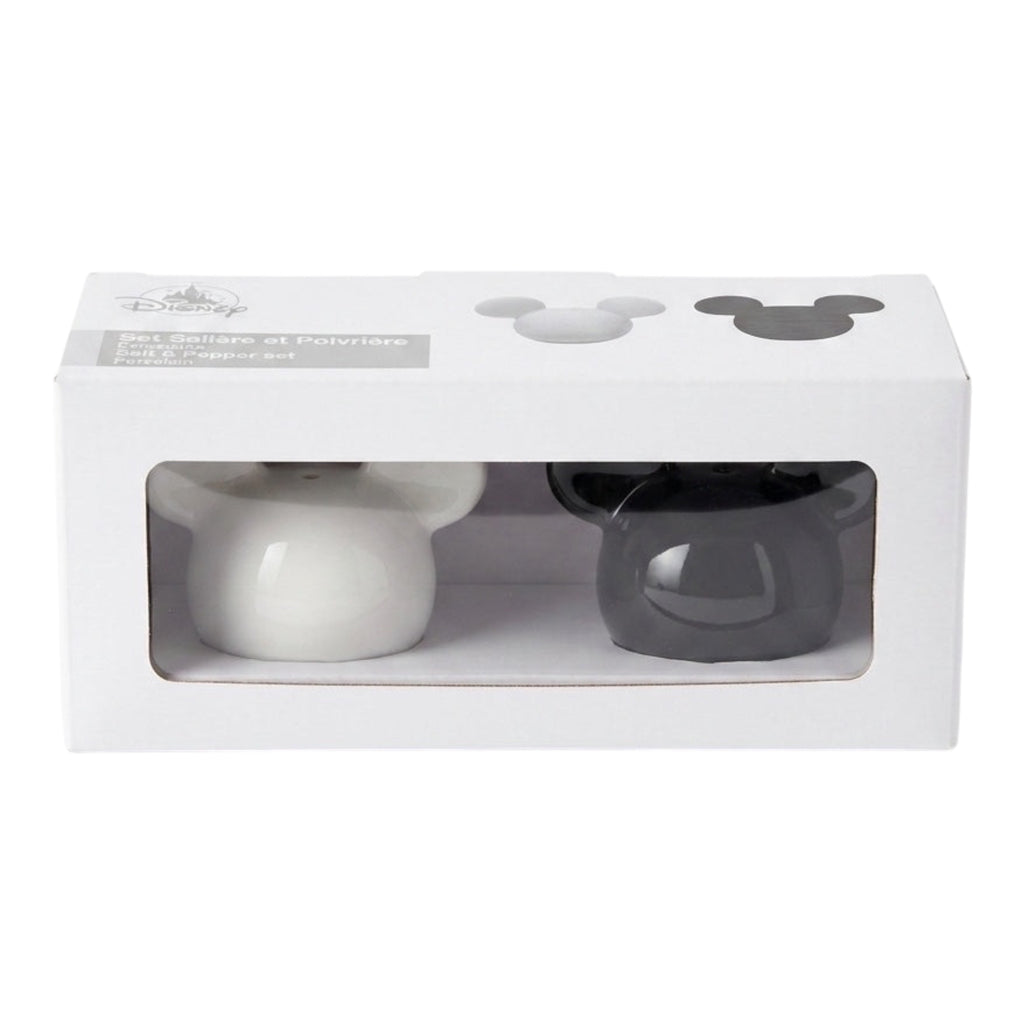 Once Upon Magic white and black porcelain Mickey Mouse head salt and pepper shaker set.