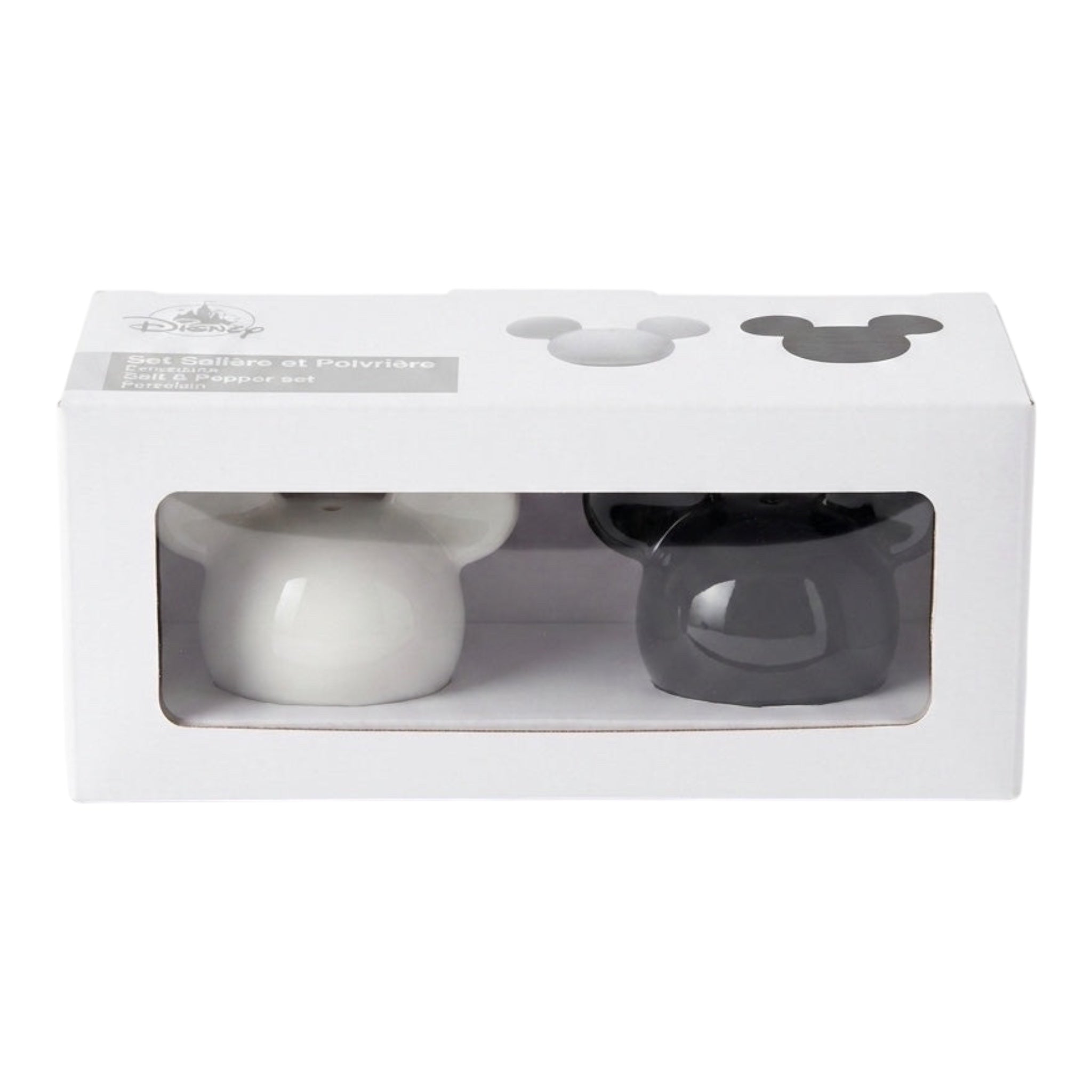 Once Upon Magic white and black porcelain Mickey Mouse head salt and pepper shaker set.