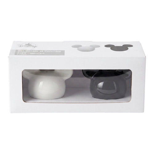 Once Upon Magic white and black porcelain Mickey Mouse head salt and pepper shaker set.