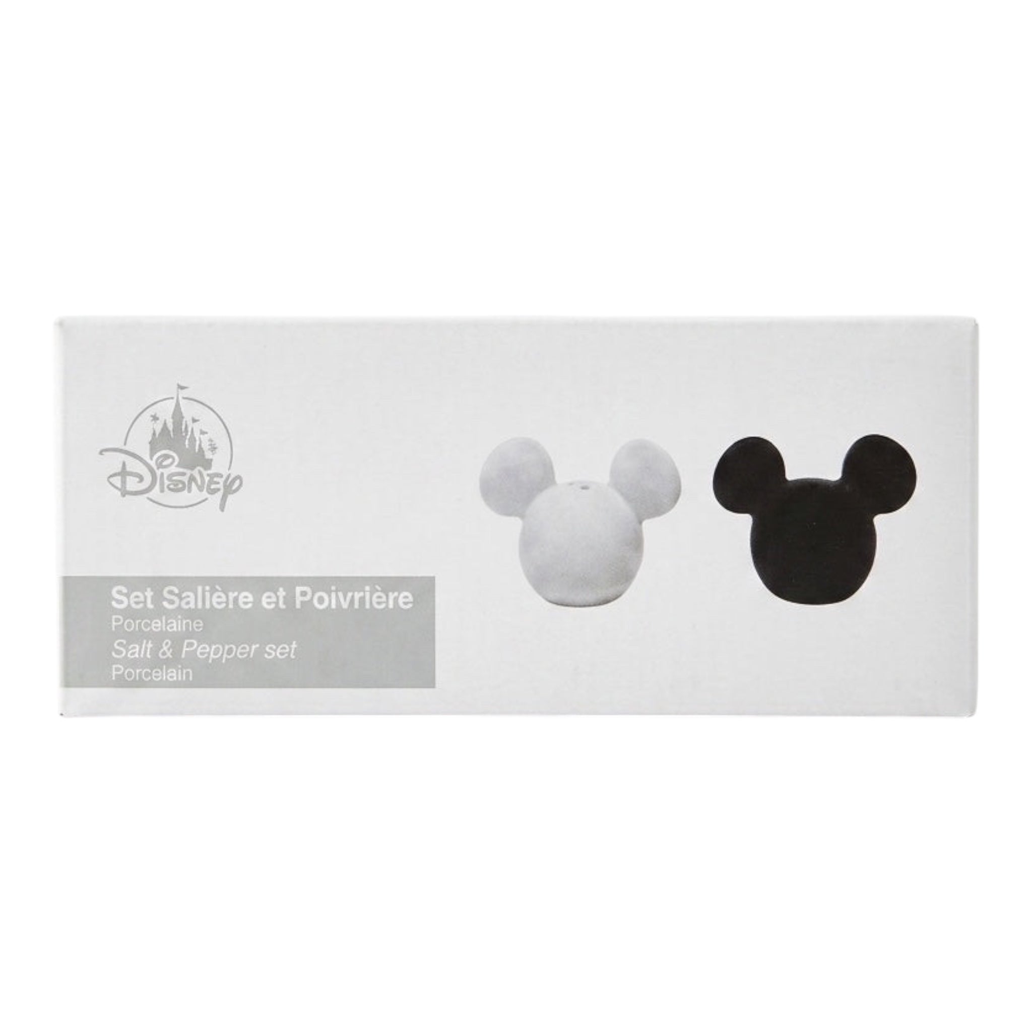 Once Upon Magic white and black porcelain Mickey Mouse head salt and pepper shaker set.