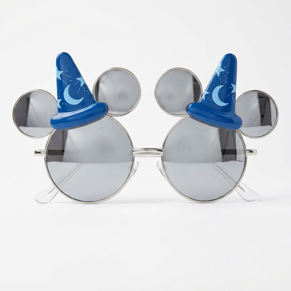 Once Upon Magic Mickey Mouse sorcerer hat sunglasses with blue wizard hats, stars, moons, and mirrored silver lenses.
