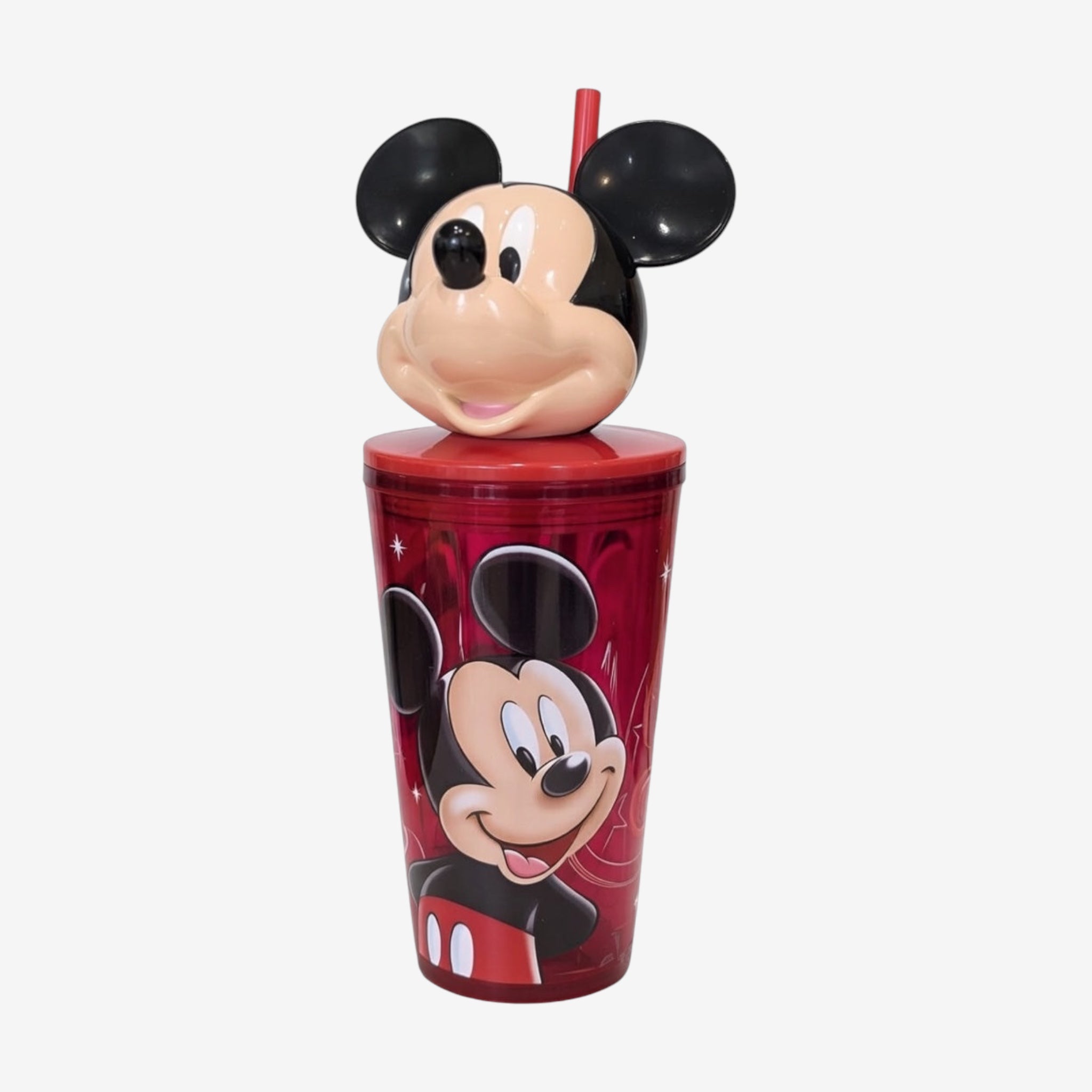 Once Upon Magic red plastic tumbler with Mickey Mouse design and character head lid with straw. Disneyland Paris exclusive.