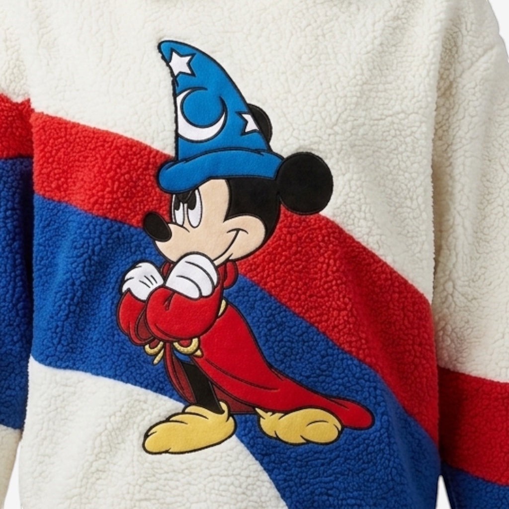 Once Upon Magic white, red, and blue striped fleece jacket with embroidered Mickey Mouse as the Sorcerer's Apprentice.