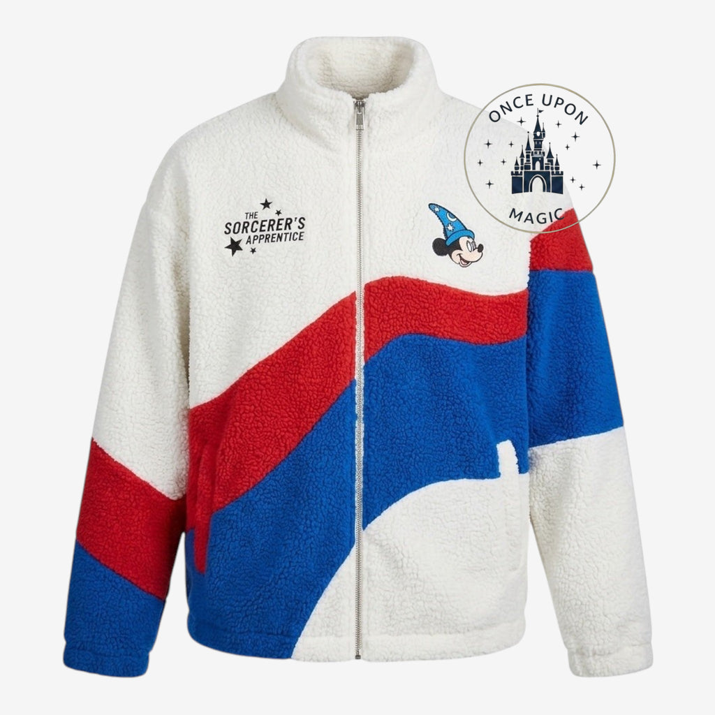 Once Upon Magic white, red, and blue colorblock fleece jacket with Mickey Mouse as the Sorcerer's Apprentice embroidered on the chest.