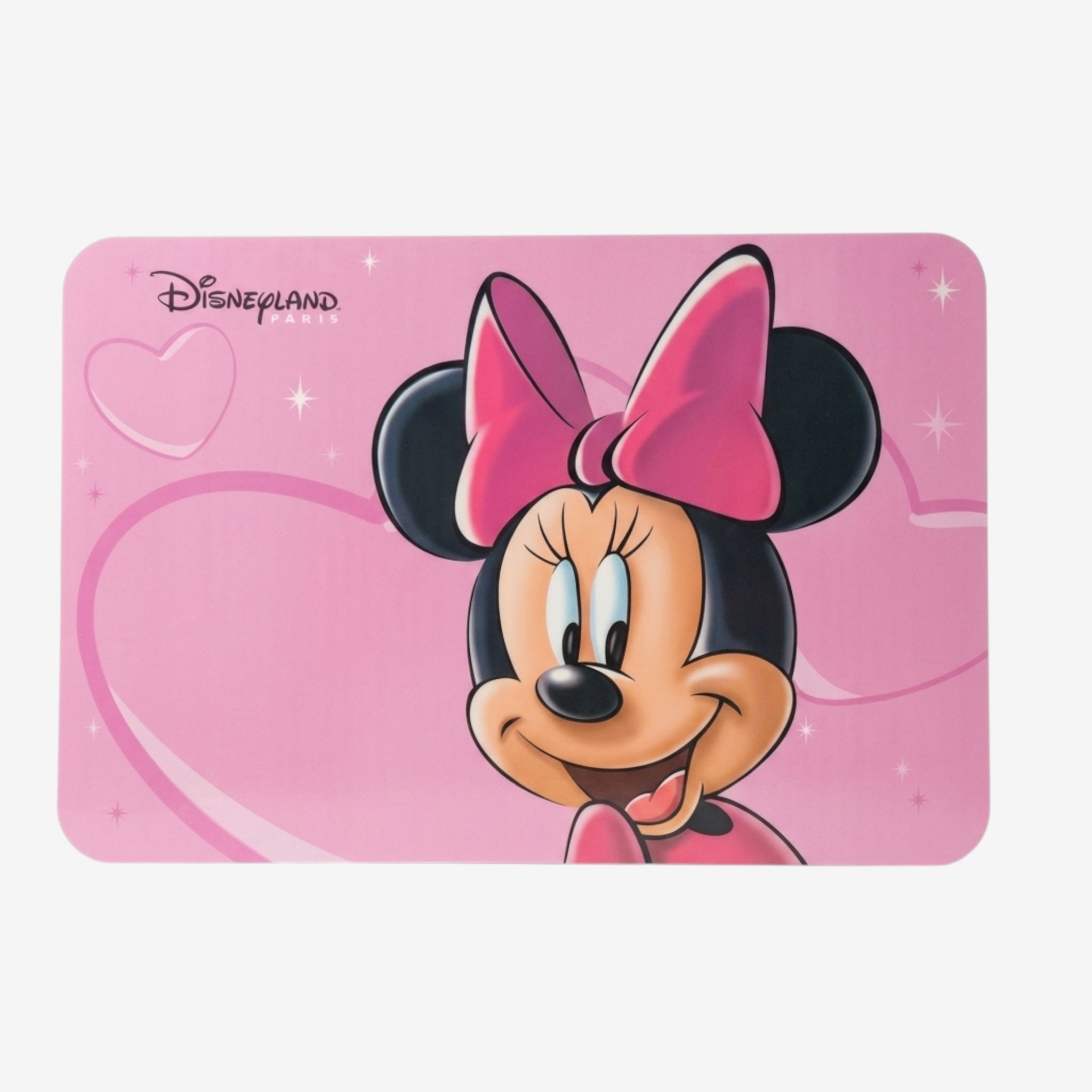 Once Upon Magic pink Minnie Mouse placemat with hearts and stars, Disneyland Paris logo.
