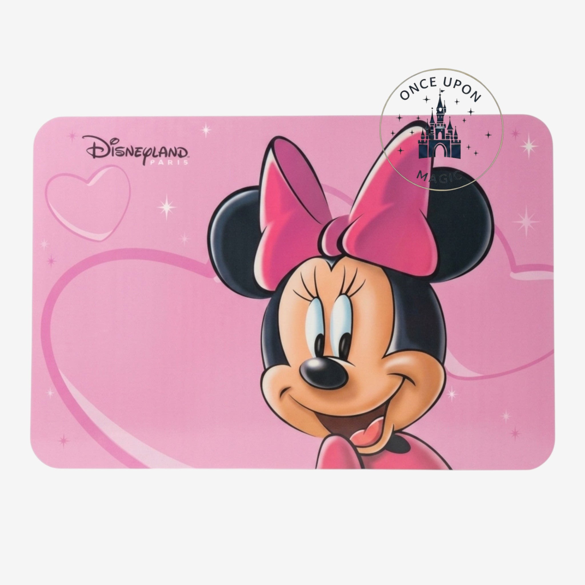 Once Upon Magic pink Minnie Mouse placemat with hearts and stars, Disneyland Paris logo.