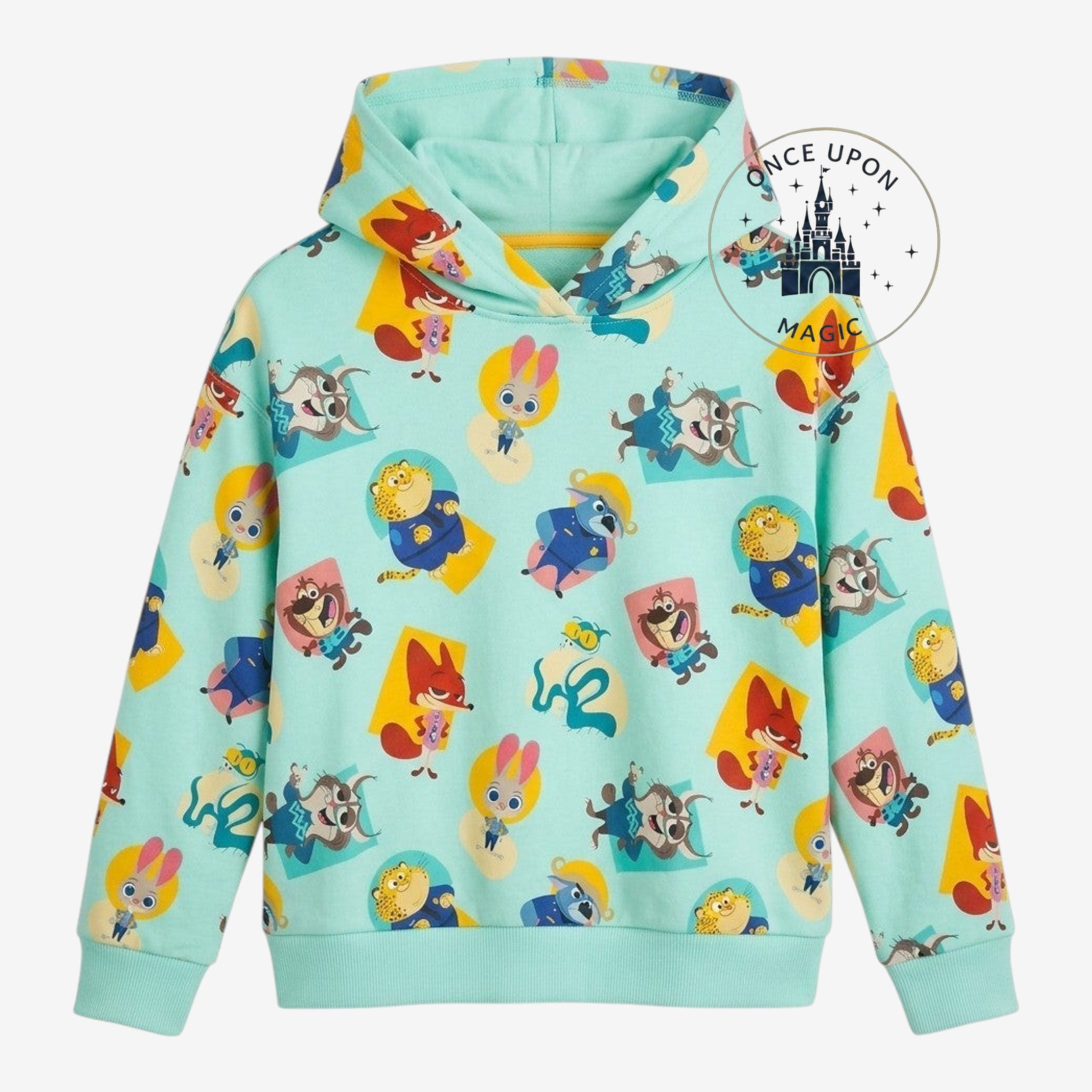 Once Upon Magic mint green hoodie with all-over Zootopia character print, hood, and ribbed cuffs.