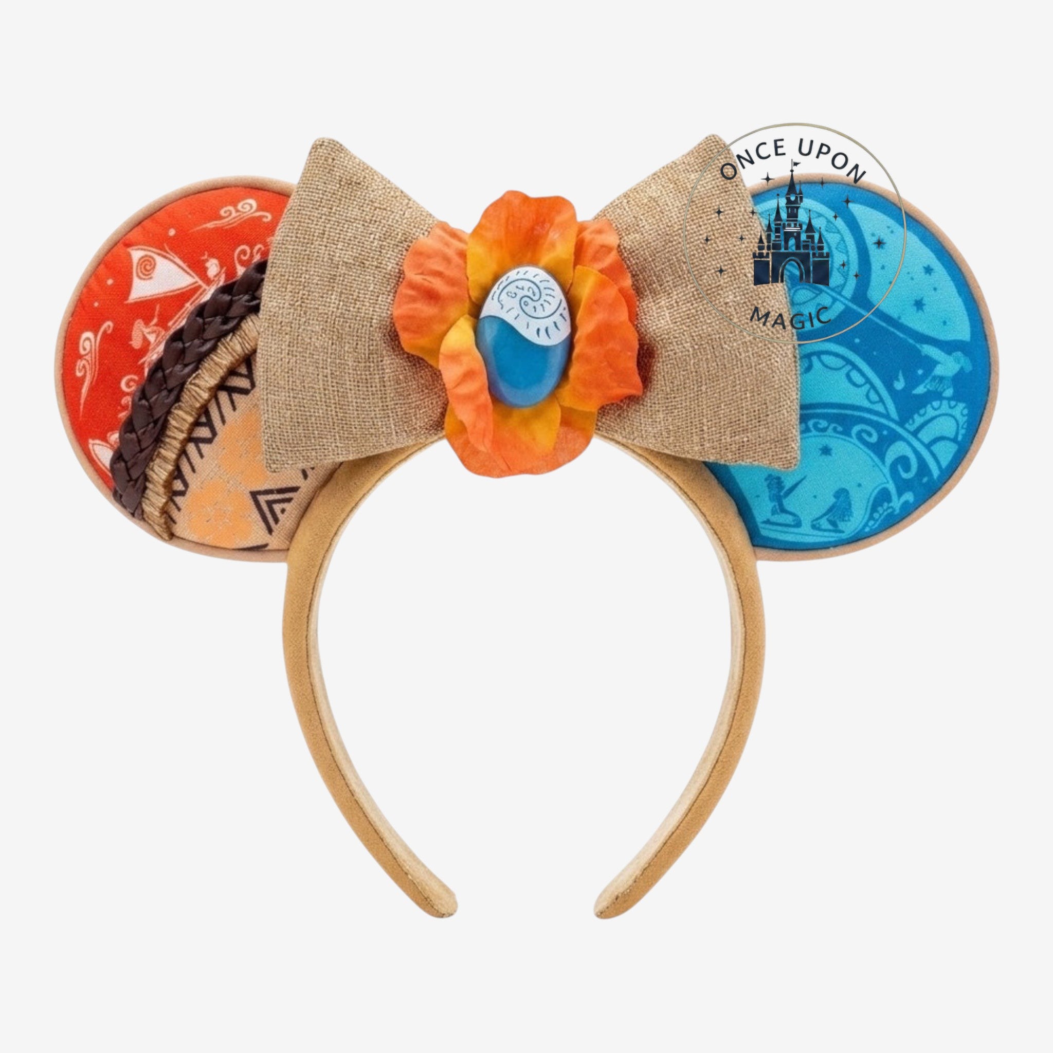 Once Upon Magic Moana-inspired Minnie ears with burlap bow, orange hibiscus flower, and "heart of Te Fiti" gem. Orange and blue ears with woven trim.