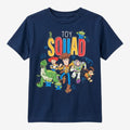 Once Upon Magic navy blue children's t-shirt with Toy Story characters Woody, Buzz, Jessie, Rex, Slinky Dog, and aliens. Features "Toy Squad" graphic.