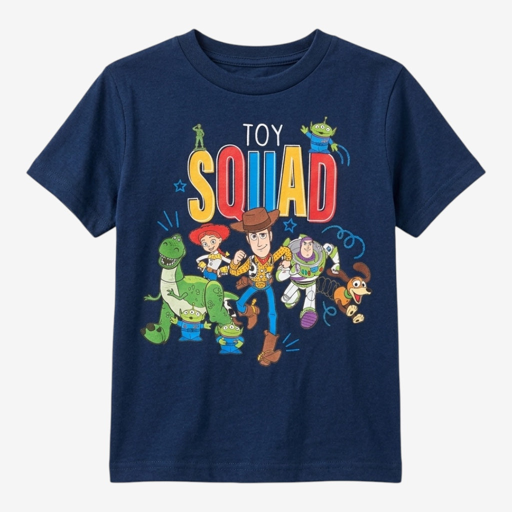 Once Upon Magic navy blue children's t-shirt with Toy Story characters Woody, Buzz, Jessie, Rex, Slinky Dog, and aliens. Features "Toy Squad" graphic.