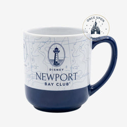 Once Upon Magic white ceramic mug with navy blue handle, featuring a lighthouse and map design for Disneyland Paris Newport Bay Club.