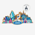Once Upon Magic magnet featuring Olaf and Arendelle village from World of Frozen, Disneyland Paris. Colorful enamel design.