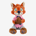 Peluche d'épaule Nick Wilde Zootopie Disneyland Paris, renard roux en chemise rose et pantalon gris, yeux verts, pose assise.