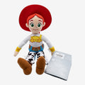 Peluche Jessie Toy Story, chapeau rouge, chemise blanche, gilet jaune, pantalon à motif vache, pour enfants et collectionneurs.