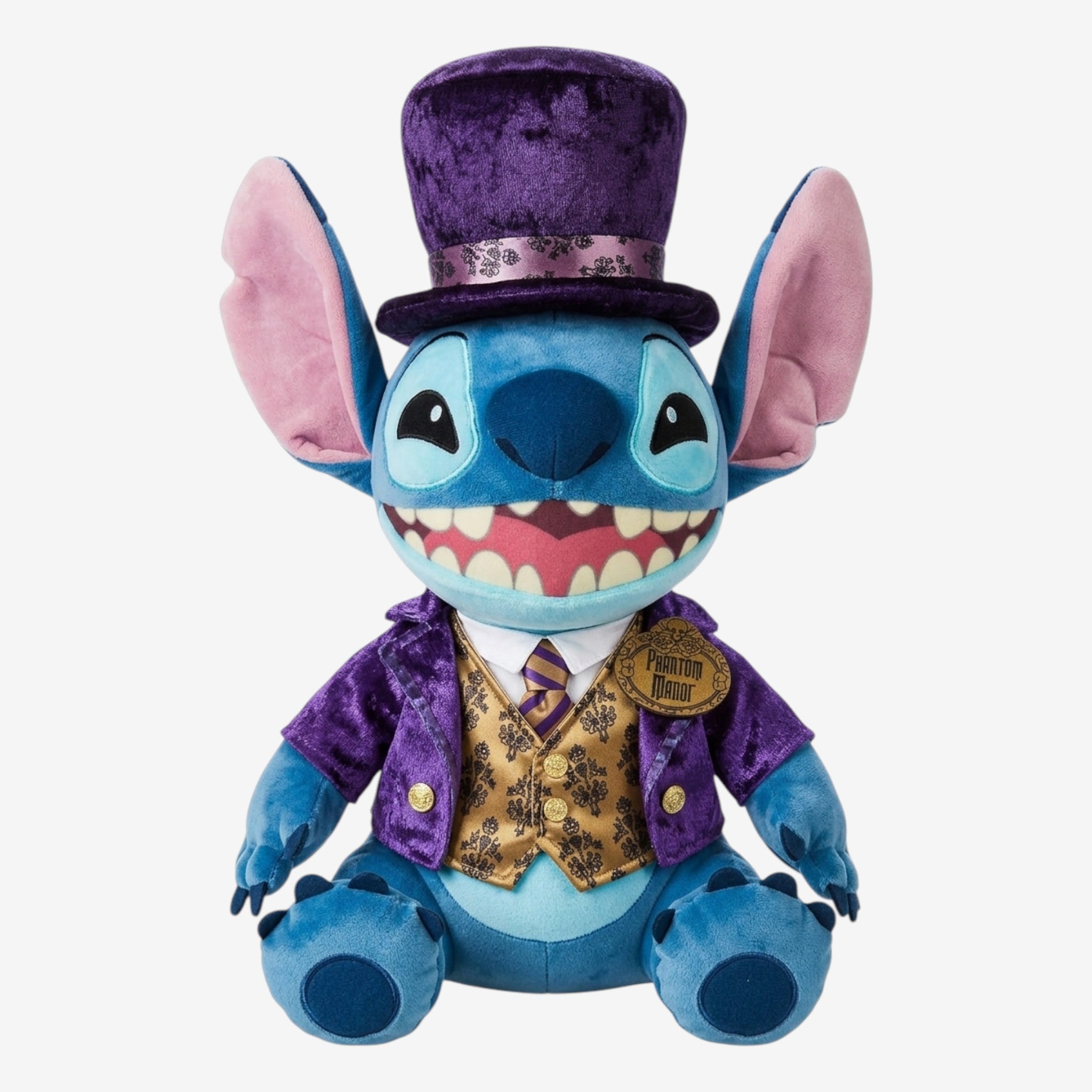 Once Upon Magic Phantom Manor Stitch plush wearing a purple velvet top hat, jacket, gold brocade vest, and striped tie.