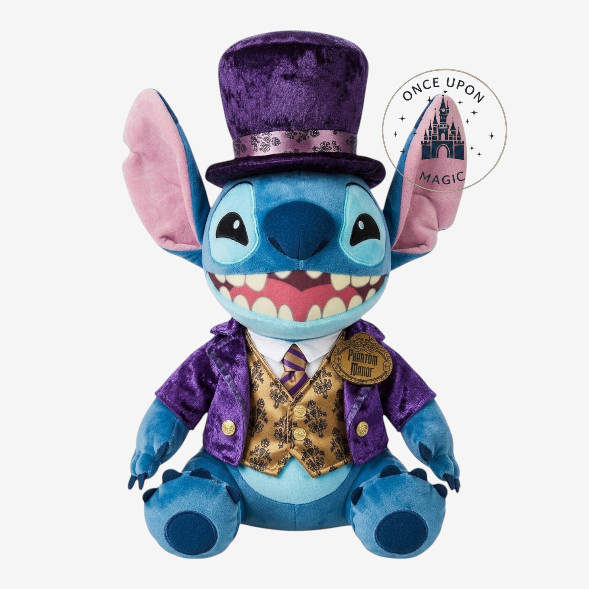 Once Upon Magic Phantom Manor Stitch plush wearing a purple velvet top hat, jacket, gold brocade vest, and striped tie.