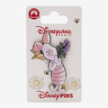 Once Upon Magic's pink enamel Piglet pin from Disneyland Paris, holding lavender. Features classic Winnie the Pooh character design.