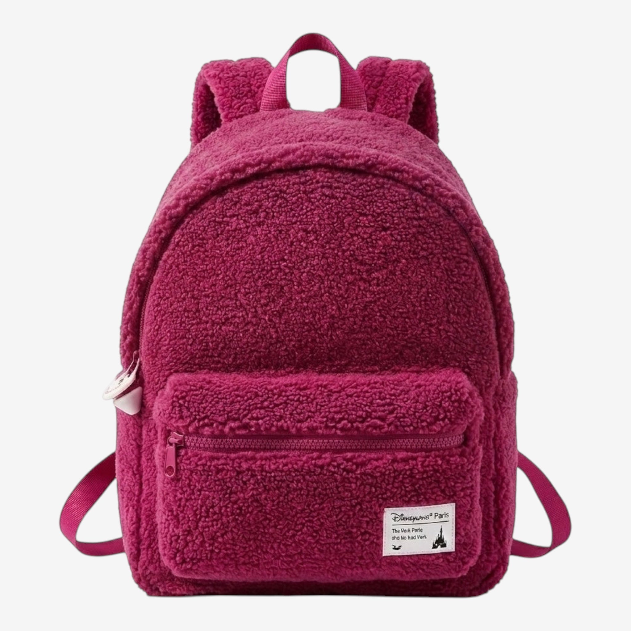 Once Upon Magic pink fluffy Disneyland Paris backpack with adjustable straps and front zip pocket.