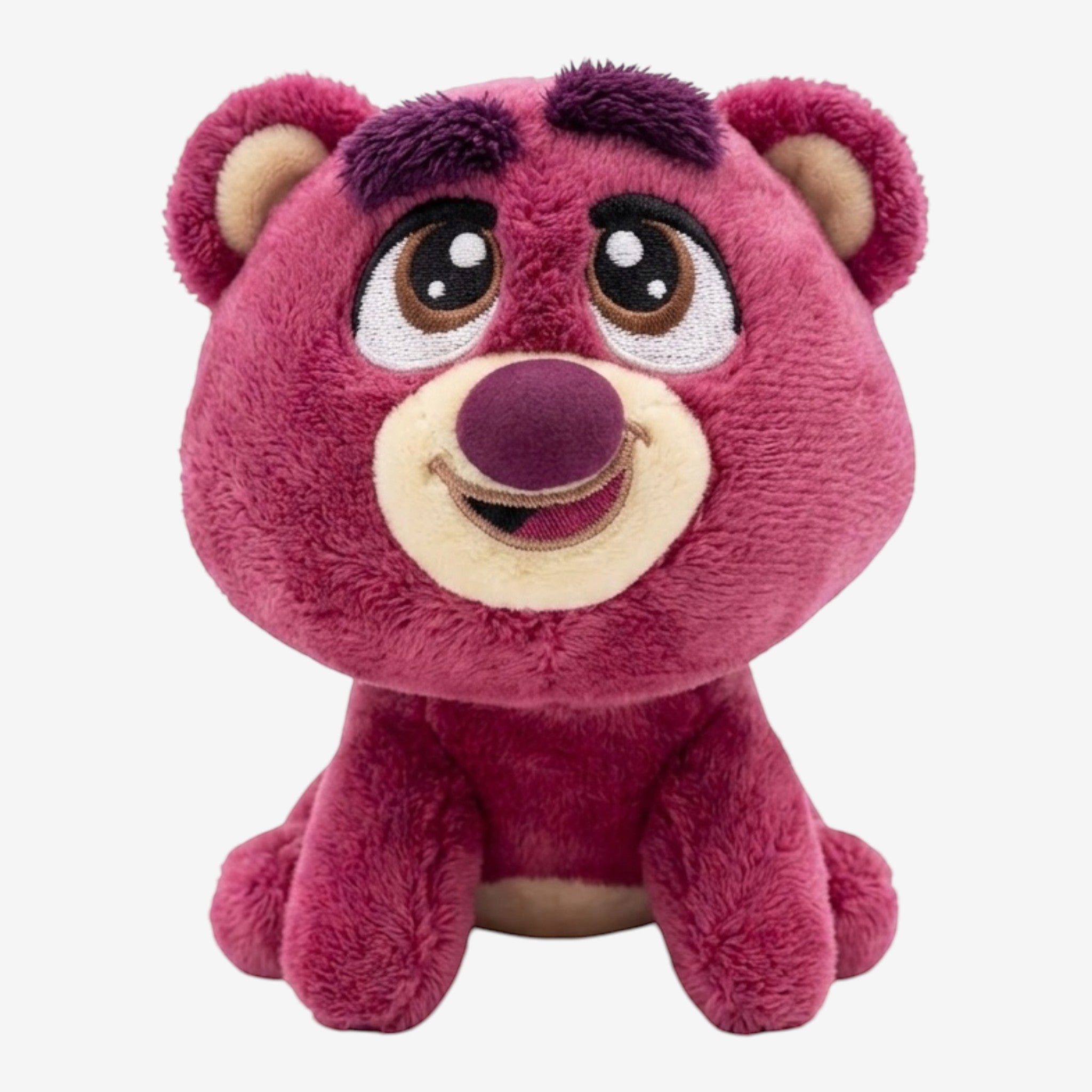 Once Upon Magic pink fuzzy bear plush toy with embroidered smile and large expressive eyes.
